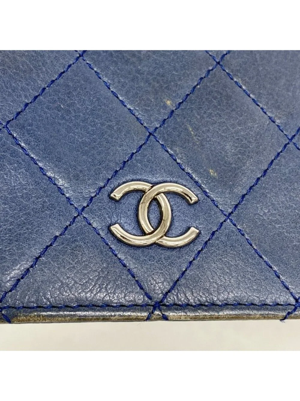Chanel Wallet Quilted Caviar Leather Blue Silver